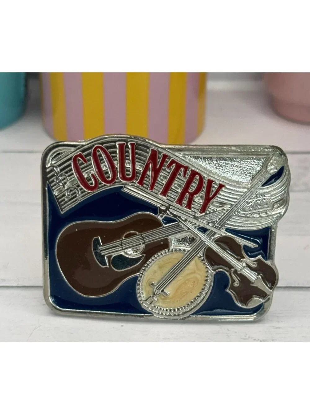 Country Music Belt Buckle With Guitar Banjo & Fiddle Design